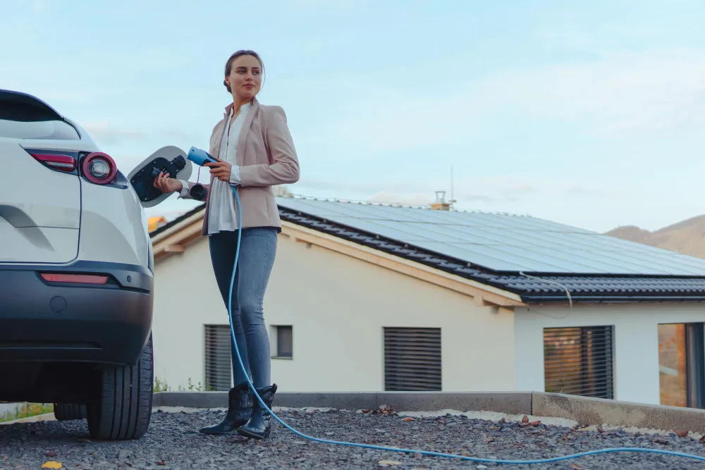 Žena, ktorá pripája elektromobil na nabíjačku.