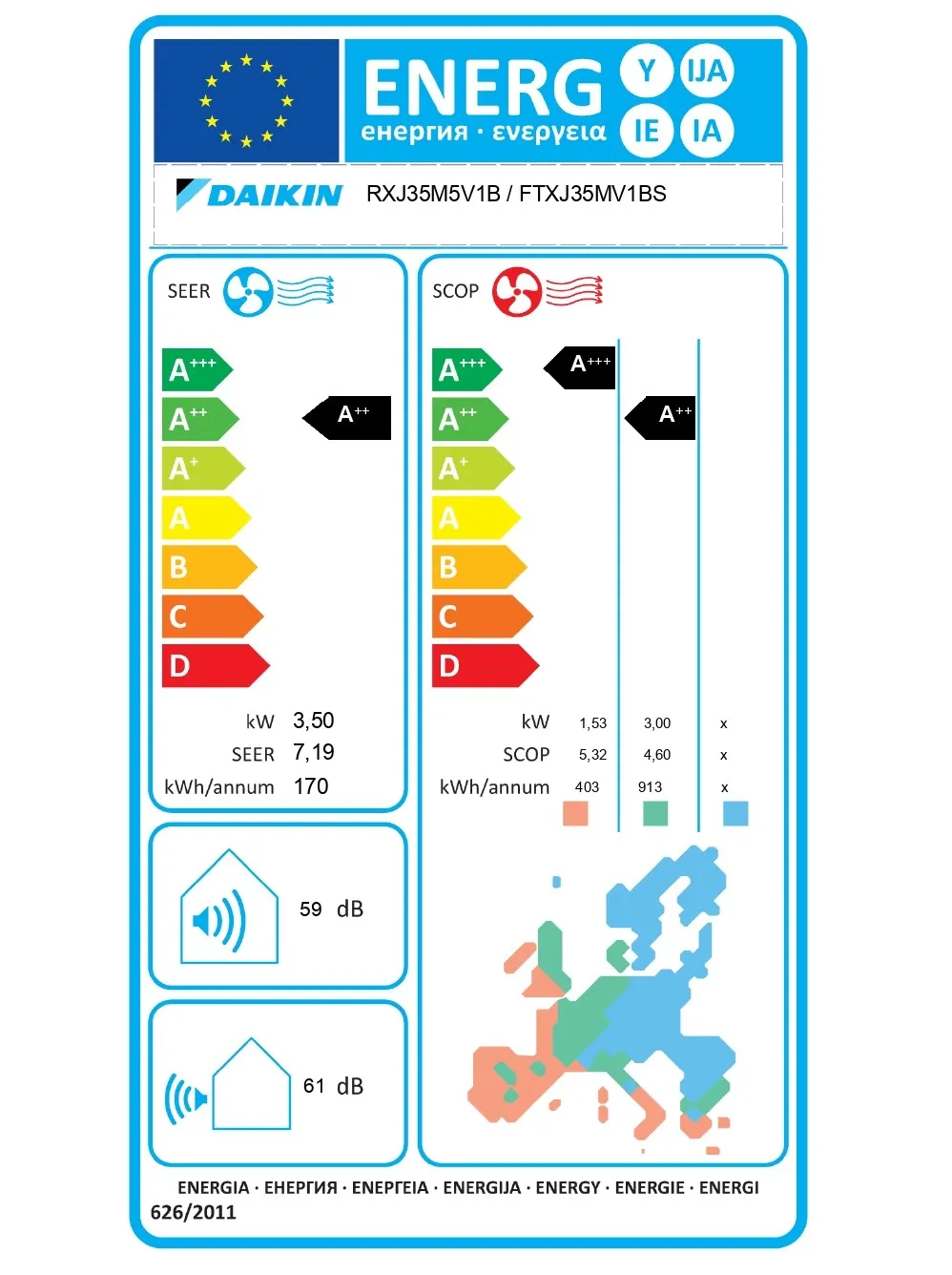 Štítok zobrazujúci energetickú triedu klimatirzácie od VSE.