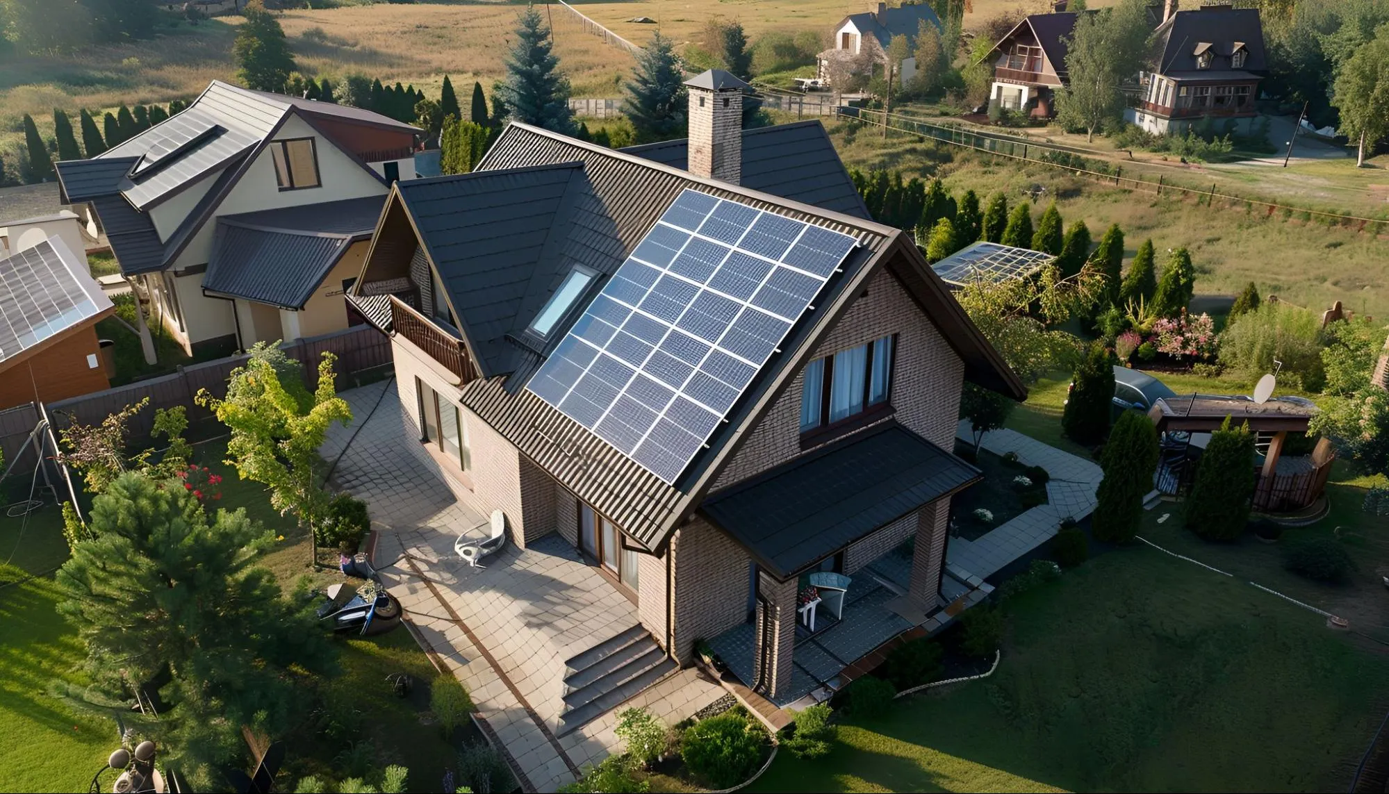 Fotovoltaické panely namontované na šikmej streche domu.