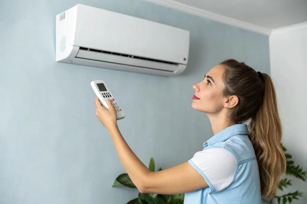 Žena nastavuje klimatizáciu diaľkovým ovládačom